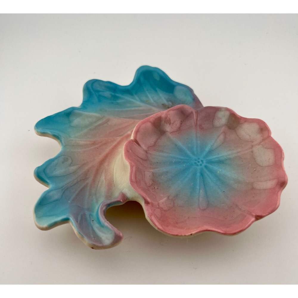 Vintage Trinket Dish Unisex OS Coral Teal Leaf Flower Ceramic Good Catchall